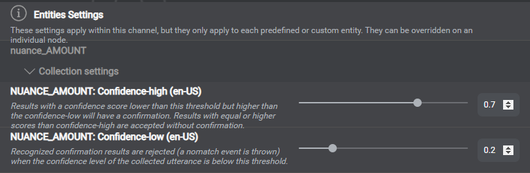 Example of confidence threshold settings for a specific entity in Mix.dialog
