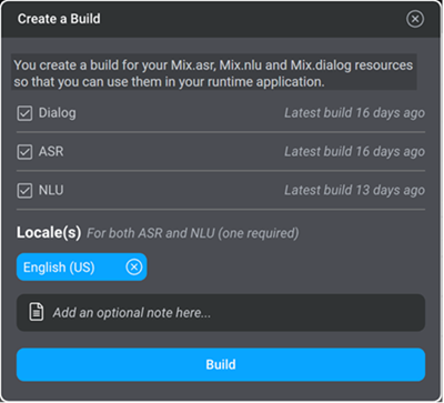 Sample Create a build dialog