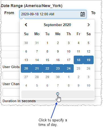 Date range calendar which allows you to select customized date and has icon to specify time