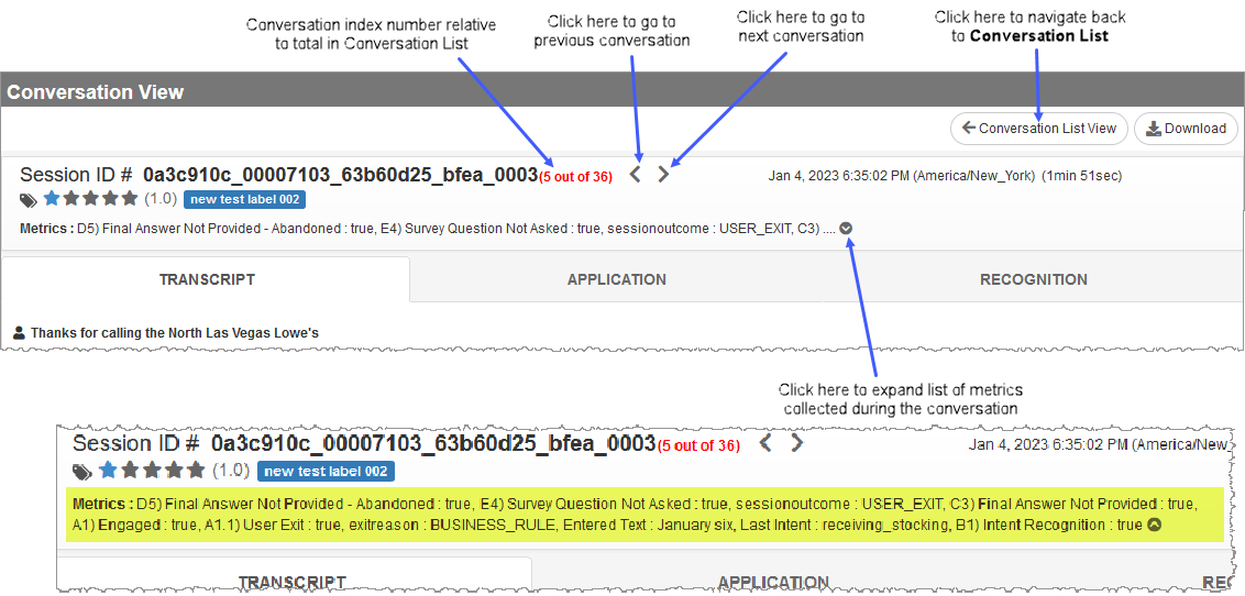 Conversation view page showing arrow buttons to view previous or next conversation