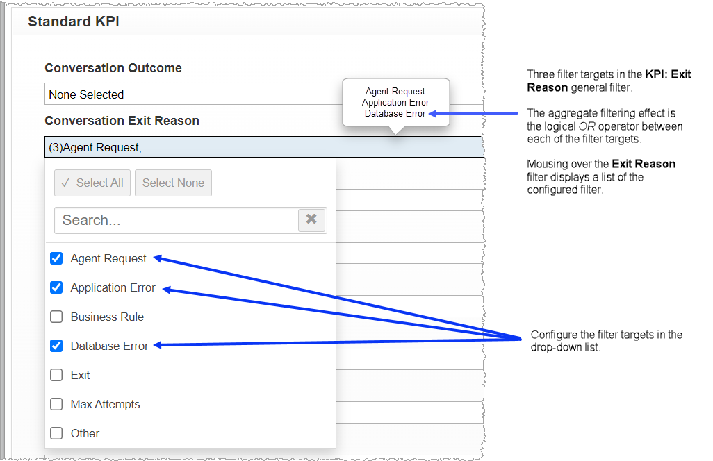 Screen capture of Standard KPI filter as example of comma-separated values in multi-select filters