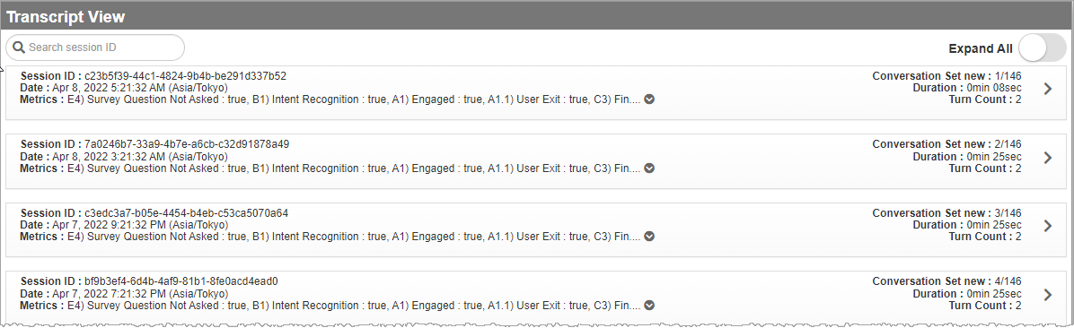 Transcript view page showing list of transcripts