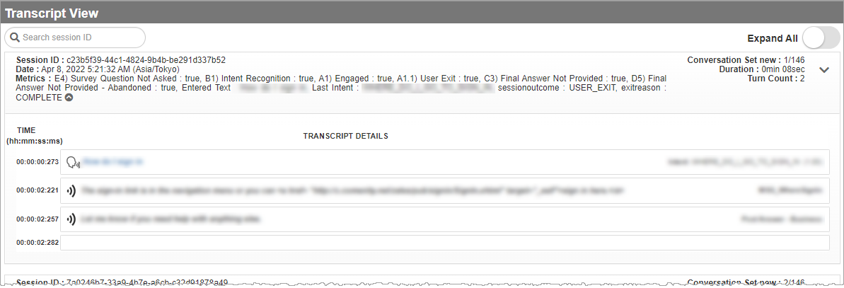 Transcript view page showing details of a particular transcript after clicking expand arrow
