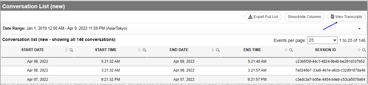 Conversation list page showing View Transcripts button