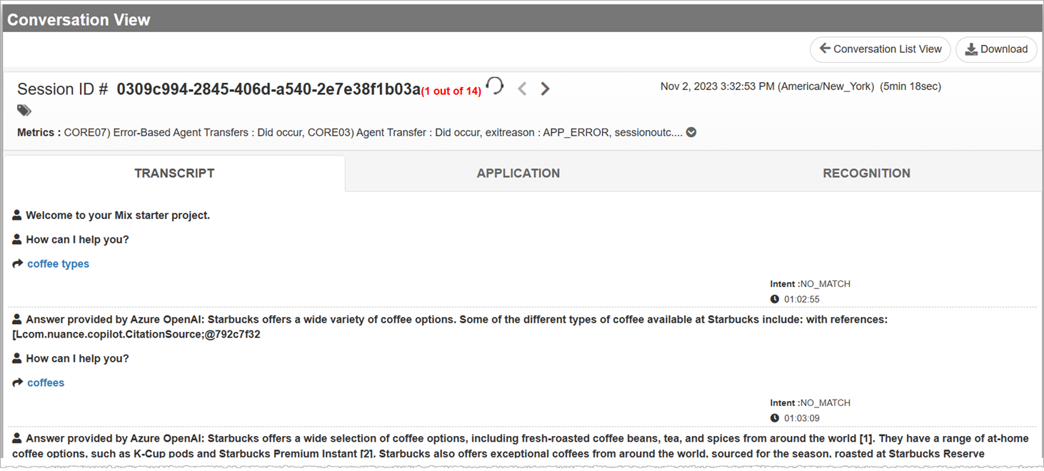 Conversation view page showing data from dialog log in transcript tab