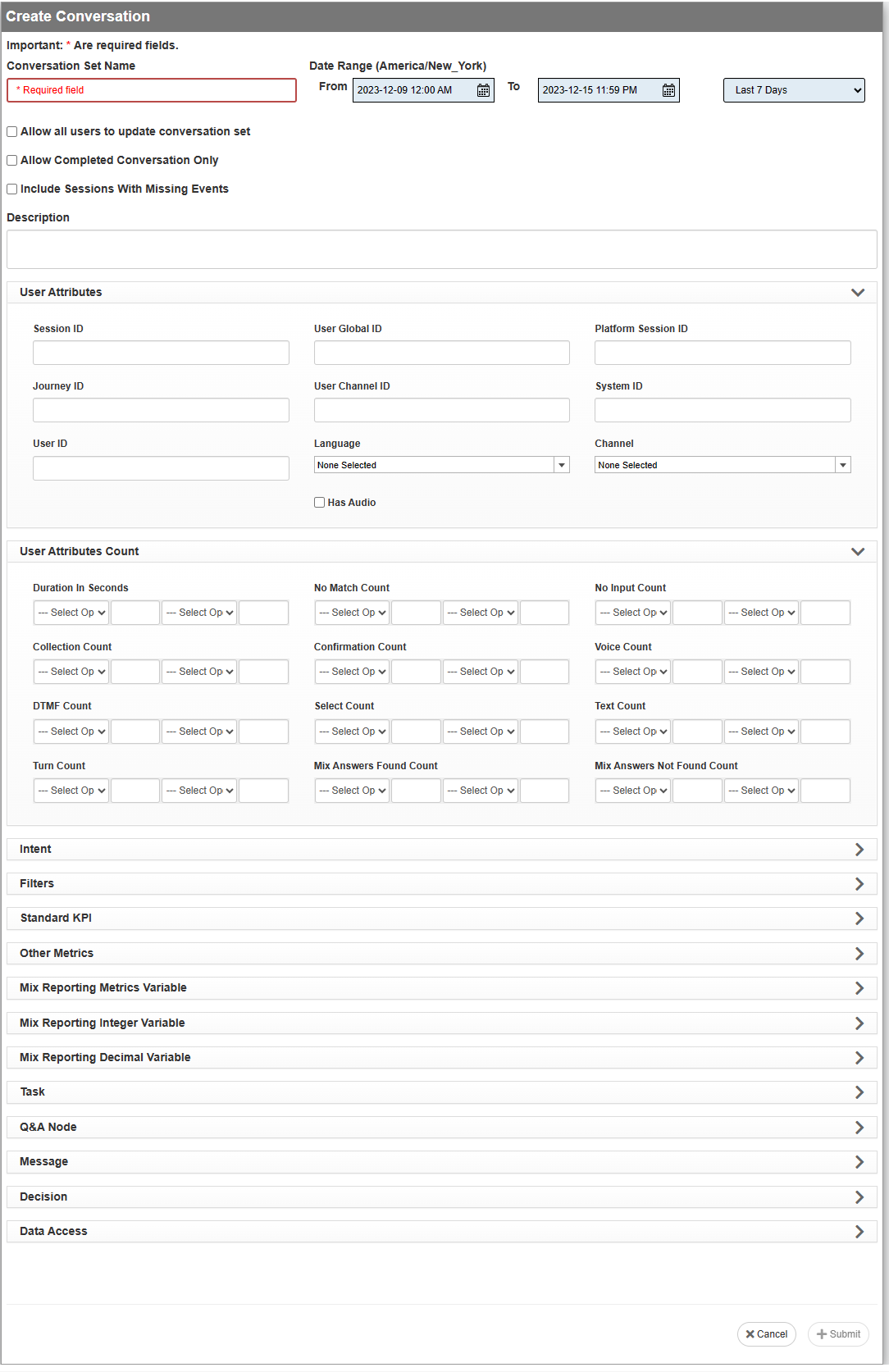 Screen capture of Create Conversation page