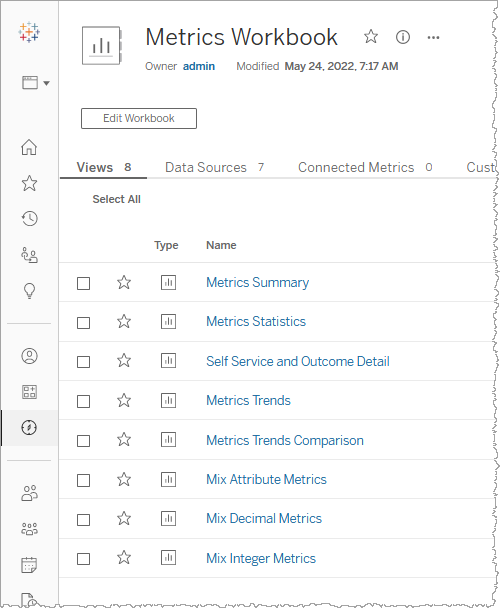 Metrics workbook page showing different metrics options