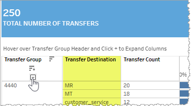 Distribution of transfer by group showing Transfer Destination column after clicking plus sign