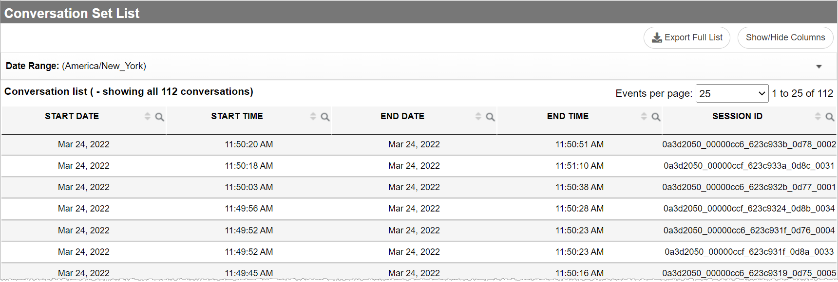 Conversation set list generated after specifying required attributes on search page
