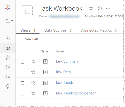 Task workbook page showing different task options